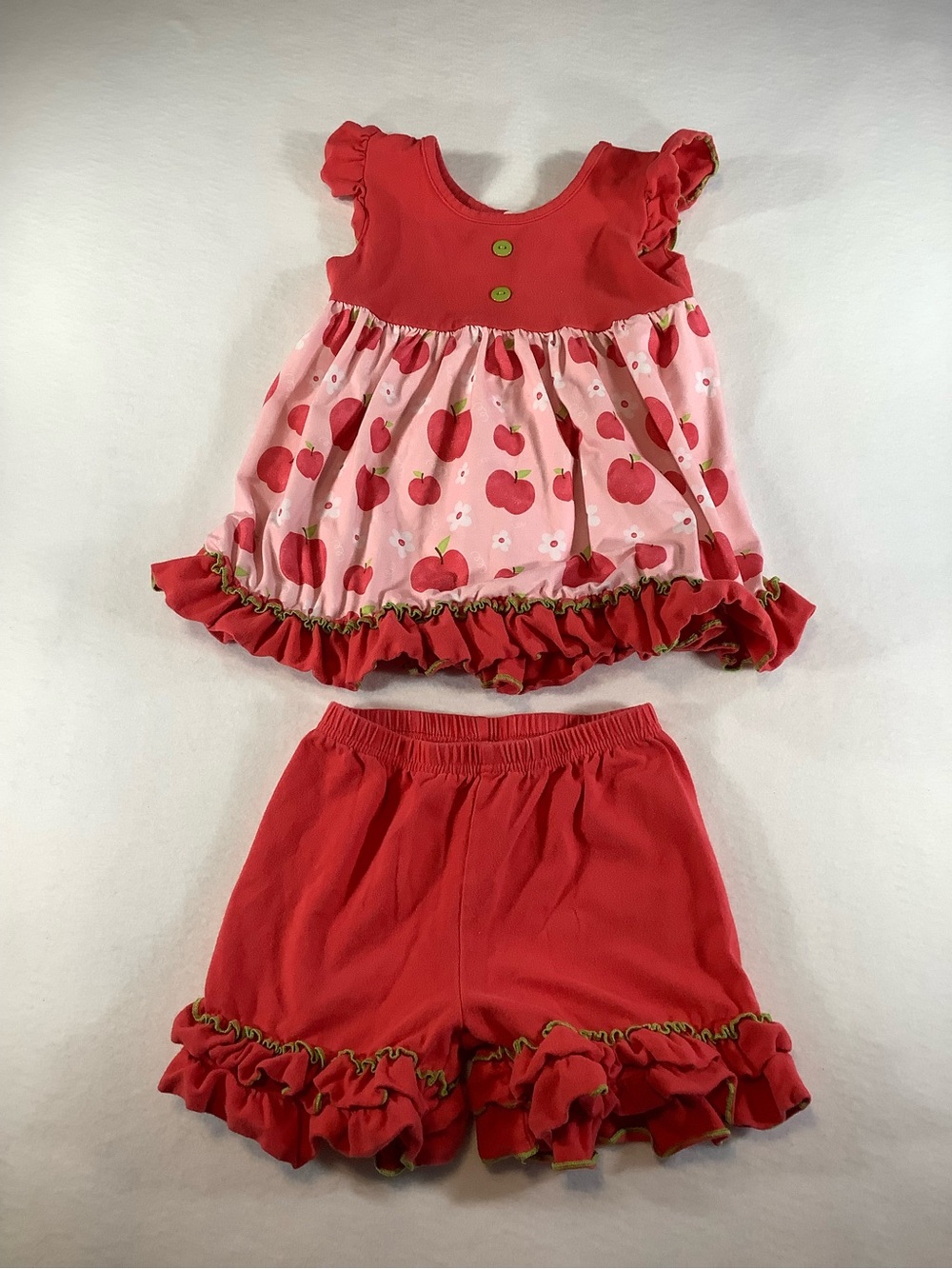 Girls Red Apple Print Matching Set - Short Sleeve Top & Shorts